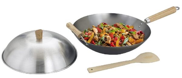 helen chen asian kitchen 14 inch carbon steel wok with lid and spatula